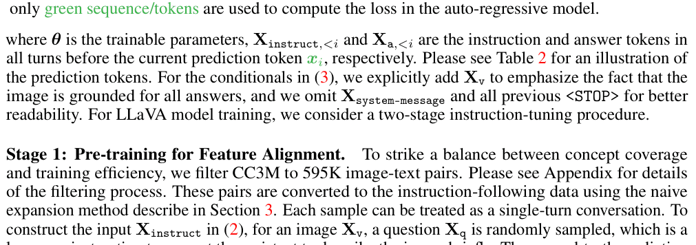 Original visual instruction tuning paper excerpt related to shift once and average valid next-token losses (PDF page 5).