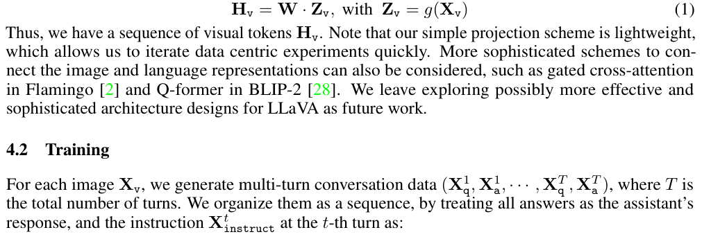 Original visual instruction tuning paper excerpt related to project row-major features with one linear layer (PDF page 4).