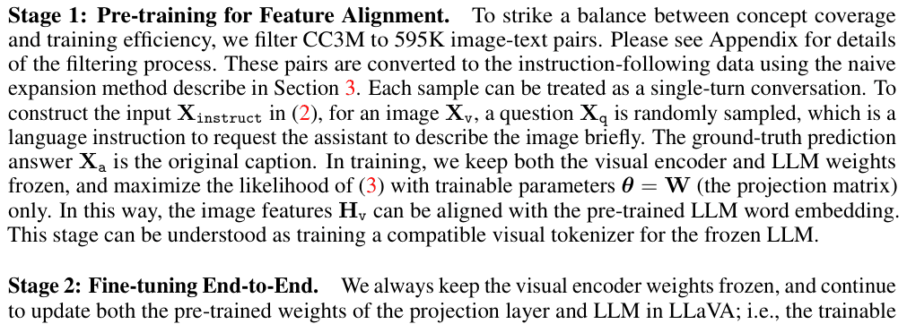 Original visual instruction tuning paper excerpt related to freeze parameters without cutting the projector gradient (PDF page 5).