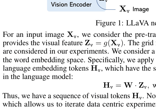Original visual instruction tuning paper excerpt related to keep patch tokens from frozen vision features (PDF page 4).