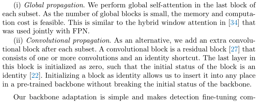Original vit object detection paper excerpt related to let selected global blocks cross windows (PDF page 6).