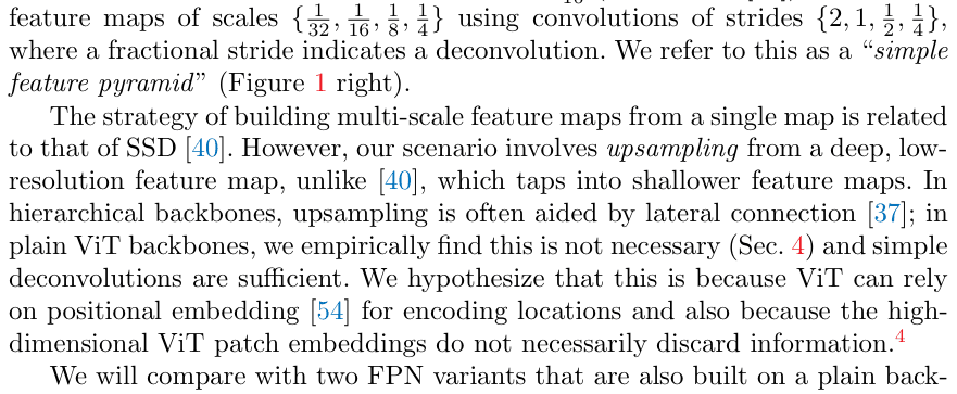 Original vit object detection paper excerpt related to rescale the one final map into four outputs (PDF page 5).