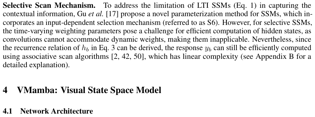 Original vmamba paper excerpt related to let the current input choose how the state updates (PDF page 4).
