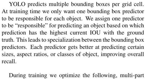 Original yolo paper excerpt related to select one responsible predictor by IoU (PDF page 3).