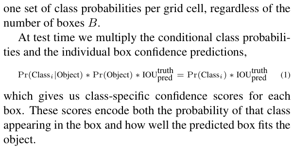 Original yolo paper excerpt related to multiply shared class scores by box confidence (PDF page 2).