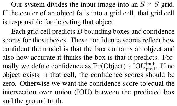 Original yolo paper excerpt related to put each object in the cell containing its center (PDF page 2).