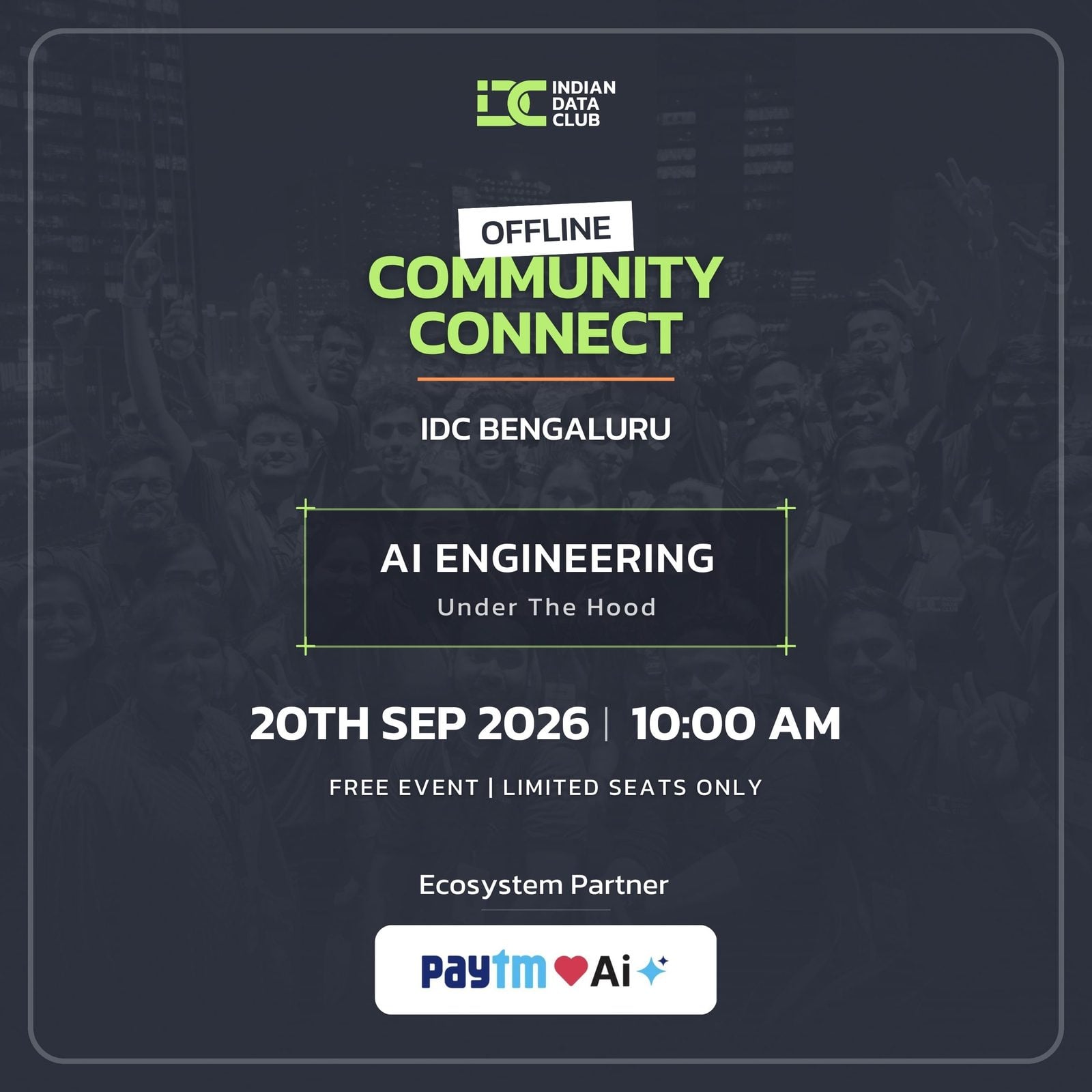 Event poster for Indian Data Club Bengaluru's "AI Engineering: Under the Hood" offline community connect on 20 September 2026 at 10:00 AM, with Paytm as ecosystem partner